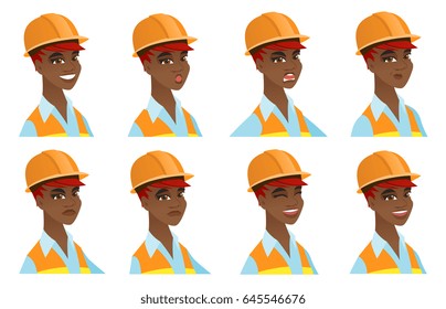 African-american builder with happy face expression. Portrait of young happy builder. Set of builder with different facial emotions. Vector flat design illustrations isolated on white background.