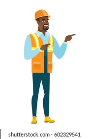 African-american builder in hard hat pointing to the side. Builder pointing his finger to the side. Builder pointing to the right side. Vector flat design illustration isolated on white background.