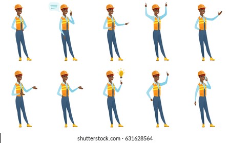 African-american builder in hard hat talking on cell phone. Young smiling builder talking on cell phone. Builder using cell phone. Set of vector flat design illustrations isolated on white background.