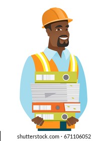 African-american builder holding pile of folders and papers. Full length of builder with folders. Young builder with folders and files. Vetor flat design illustration isolated on white background.