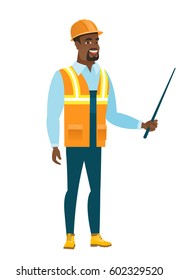African-american builder holding pointer stick. Full length of young builder with pointer stick. Builder pointing with pointer stick. Vector flat design illustration isolated on white background.
