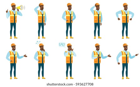 African-american builder laughing. Builder laughing with hands on his stomach. Builder laughing with closed eyes and open mouth. Set of vector flat design illustrations isolated on white background.