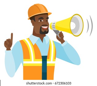 African-american builder with megaphone making an announcement. Builder in hard hat and workwear making an announcement through megaphone. Vector flat design illustration isolated on white background.