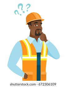 African-american builder with question marks. Thoughtful builder with question marks. Builder looking at question marks above his head. Vector flat design illustration isolated on white background.