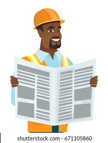 African-american builder reading newspaper. Young happy builder standing with newspaper in hands. Builder reading good news in newspaper. Vector flat design illustration isolated on white background.