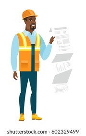 African-american builder showing document with presentation. Full length of young builder giving presentation. Builder making presentation. Vector flat design illustration isolated on white background
