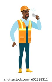African-american builder singing to the microphone. Full length of builder singing with closed eyes. Happy builder singing to the mic. Vector flat design illustration isolated on white background.