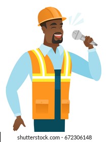 African-american builder singing to the microphone. Young builder singing with closed eyes. Happy builder singing to the mic. Vector flat design illustration isolated on white background.