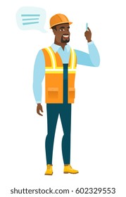 African-american builder with speech bubble. Builder in hard hat giving a speech. Builder with speech bubble coming out of his head. Vector flat design illustration isolated on white background.