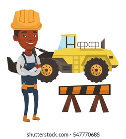 African-american builder standing with arms crossed. Confident builder in hard hat. Young builder in overalls at work on construction site. Vector flat design illustration isolated on white background