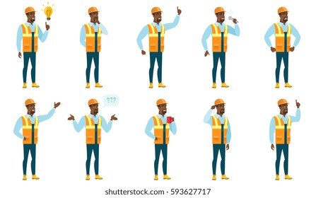 African-american builder thinking. Full length of thinking builder with hand on chin. Builder thinking and looking to the side. Set of vector flat design illustrations isolated on white background.