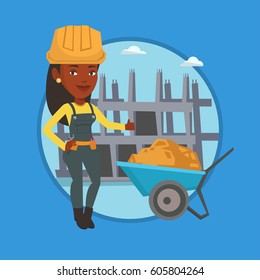 African-american builder with thumb up standing on the background of construction site. Young builder in hard hat giving thumb up. Vector flat design illustration in the circle isolated on background.