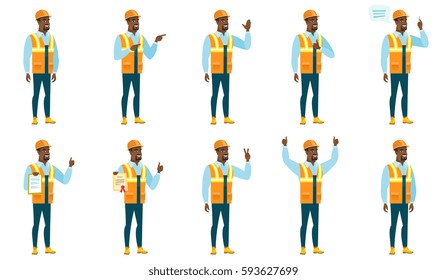 African-american builder waving his hand. Full length of builder waving his hand. Builder making greeting gesture - waving hand. Set of vector flat design illustrations isolated on white background.