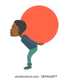 An african-american buisnessman sacrifice in carrying a big ball going up to reach the goal concept. A Contemporary style. Vector flat design illustration isolated white background. Square layout.