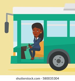 African-american bus driver sitting at steering wheel. Young female driver driving passenger bus. Female bus driver sitting in drivers seat in cab. Vector flat design illustration. Square layout.