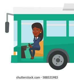 African-american bus driver sitting at steering wheel. Young driver driving passenger bus. Bus driver sitting in drivers seat in cab. Vector flat design illustration isolated on white background.