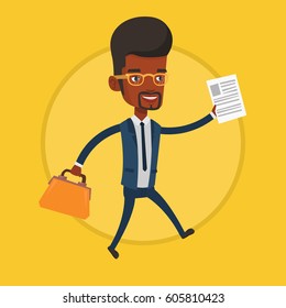 African-american business man with briefcase and a document running. Business man running in a hurry. Businessman running forward. Vector flat design illustration in the circle isolated on background.