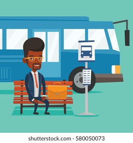 African-american business man with briefcase waiting at the bus stop. Young businessman sitting at the bus stop. Businessman sitting on a bus stop bench. Vector flat design illustration. Square layout