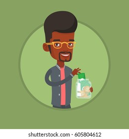 African-american business man holding money box with coins and banknotes. Young business man putting dollar money into money box. Vector flat design illustration in the circle isolated on background.