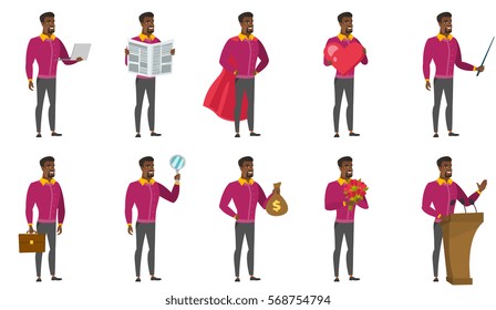 African-american business man showing a red heart. Full length of business man with heart shape. Business man holding a red heart. Set of vector flat design illustrations isolated on white background.