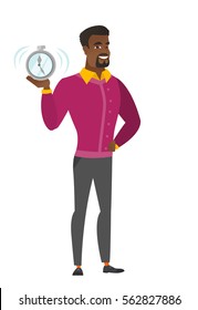 African-american business man showing ringing alarm clock. Full length of business man with alarm clock. Business man holding alarm clock. Vector flat design illustration isolated on white background.