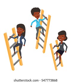 African-american business people climbing the ladders. Businesswomen climbing to success. Concept of success and competition in business. Vector flat design illustration isolated on white background.