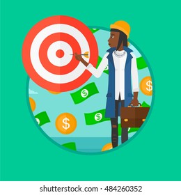 An african-american business woman aiming at a target board. Business woman standing under money rain. Concept of business success. Vector flat design illustration in the circle isolated on background