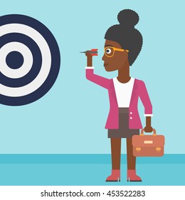 An african-american business woman with a briefcase aiming at a target board. Vector flat design illustration. Square layout.