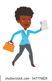 African-american business woman with briefcase and a document running. Business woman running in a hurry. Business woman running forward. Vector flat design illustration isolated on white background.