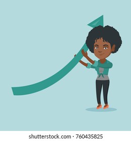 African-american business woman changing the path of graph to a positive increase. Young successful business woman holding arrow going up. Vector cartoon illustration. Square layout.
