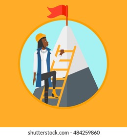 An african-american business woman climbing the ladder to get the red flag on the top of mountain. Concept of business career. Vector flat design illustration in the circle isolated on background.