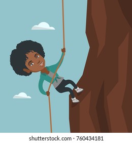 African-american business woman climbing the rock. Young business woman using a rope to climb on the top of the mountain. Concept of business challenge. Vector cartoon illustration. Square layout.