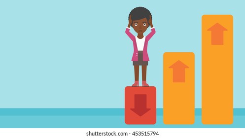 An african-american business woman clutching her head. Bankrupt standing on chart going down. Concept of business bankruptcy. Vector flat design illustration. Horizontal layout.