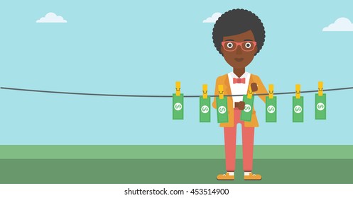 An african-american business woman drying banknotes on the clothesline on the background of blue sky. Woman loundering money. Vector flat design illustration. Horizontal layout.