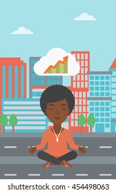 An african-american business woman with eyes closed doing yoga and meditating in lotus pose outdoors and thinking about the growth graph. Vector flat design illustration. Vertical layout.