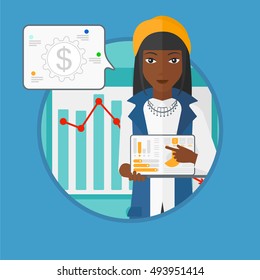 An african-american business woman giving business presentation on laptop. Business woman pointing at the charts on laptop screen. Vector flat design illustration in the circle isolated on background.