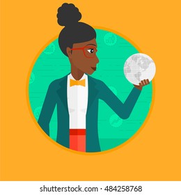An african-american business woman holding Earth planet in hand on the background with business icons. Concept of global business. Vector flat design illustration in the circle isolated on background.