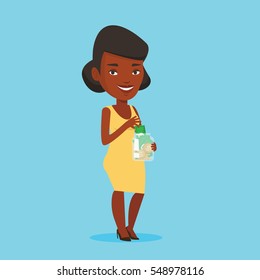 An african-american business woman holding money jar. Business woman saving money banknotes in glass jar. Business woman putting money into glass jar. Vector flat design illustration. Square layout.