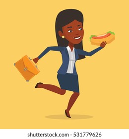 An african-american business woman in a hurry eating hot dog. Business woman with briefcase eating on the run. Business woman running and eating hot dog. Vector flat design illustration. Square layout