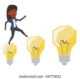 African-american business woman jumping on idea bulbs. Smiling business woman in a suit hopping onto idea bulbs. Concept of business idea. Vector flat design illustration isolated on white background.