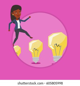 African-american business woman jumping on idea bulbs. Business woman hopping onto idea light bulbs. Concept of business idea. Vector flat design illustration in the circle isolated on background.