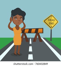 African-american business woman looking at road sign dead end symbolizing business obstacle. Young woman facing business obstacle. Business obstacle concept. Vector cartoon illustration. Square layout