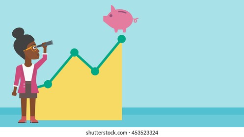 Una mujer de negocios afroamericana mirando a través de spyglass a un banco de cerdos parado en la parte superior del gráfico de crecimiento. Ilustración de diseño plana vectorial. Diseño horizontal.