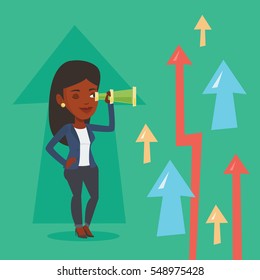 African-american business woman looking through spyglass on arrows going up symbolizing business opportunities. Business vision, opportunities concept. Vector flat design illustration. Square layout.