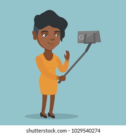 African-american business woman making selfie with help of a selfie-stick. Young smiling woman taking selfie photo with a mobile phone and waving her hand. Vector cartoon illustration. Square layout.