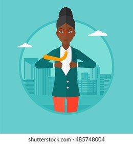An african-american business woman opening her jacket like superhero on the background of modern city. Business woman superhero. Vector flat design illustration in the circle isolated on background.