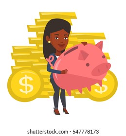 African-american business woman with a piggy bank. Business woman holding a big piggy bank. Business woman saving money in a piggy bank. Vector flat design illustration isolated on white background.