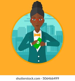 African-american business woman putting money in her pocket on a city background. Business woman hiding bribe. Corruption concept. Vector flat design illustration in the circle isolated on background.