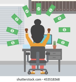 An african-american business woman with raised hands celebrating while sitting at workplace under money rain. Successful business concept. Vector flat design illustration. Square layout.