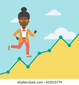 An african-american business woman running along the growth graph. Businesswoman going up. Woman moving up. Successful business concept. Vector flat design illustration. Square layout.